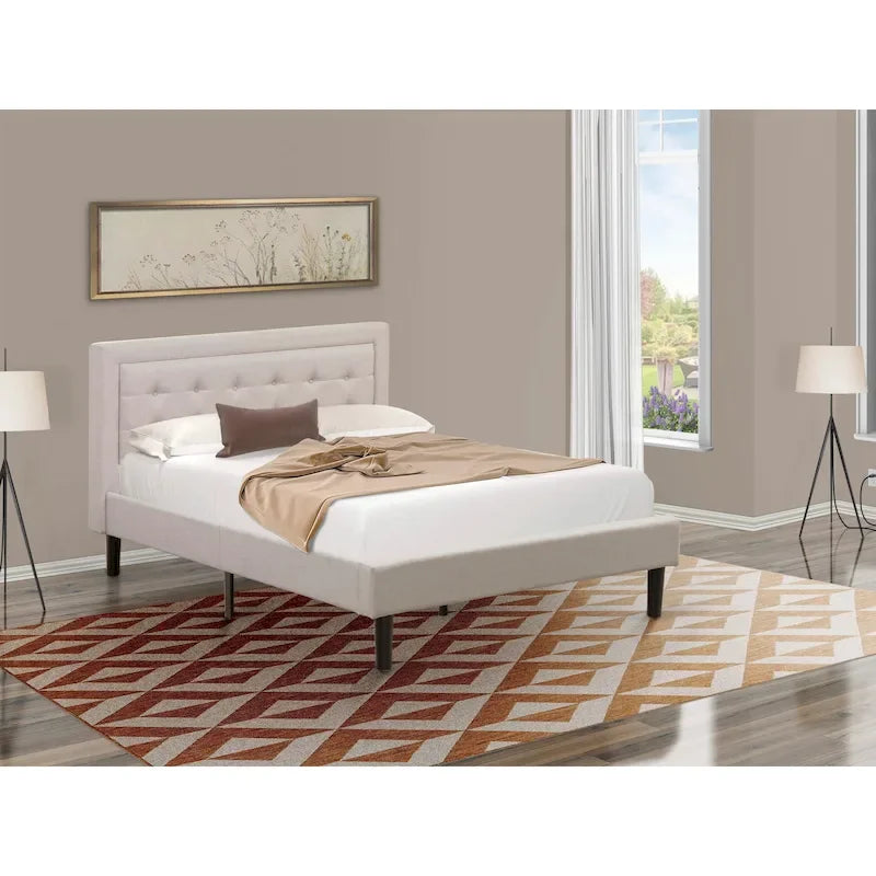 East West Furniture Platform Bed- Denim Linen Fabric Headboard with Button Tufted Trim Design - Black Legs(Size & Finish Option)