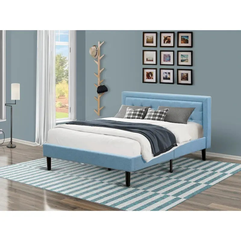East West Furniture Platform Bed- Denim Linen Fabric Headboard with Button Tufted Trim Design - Black Legs(Size & Finish Option)