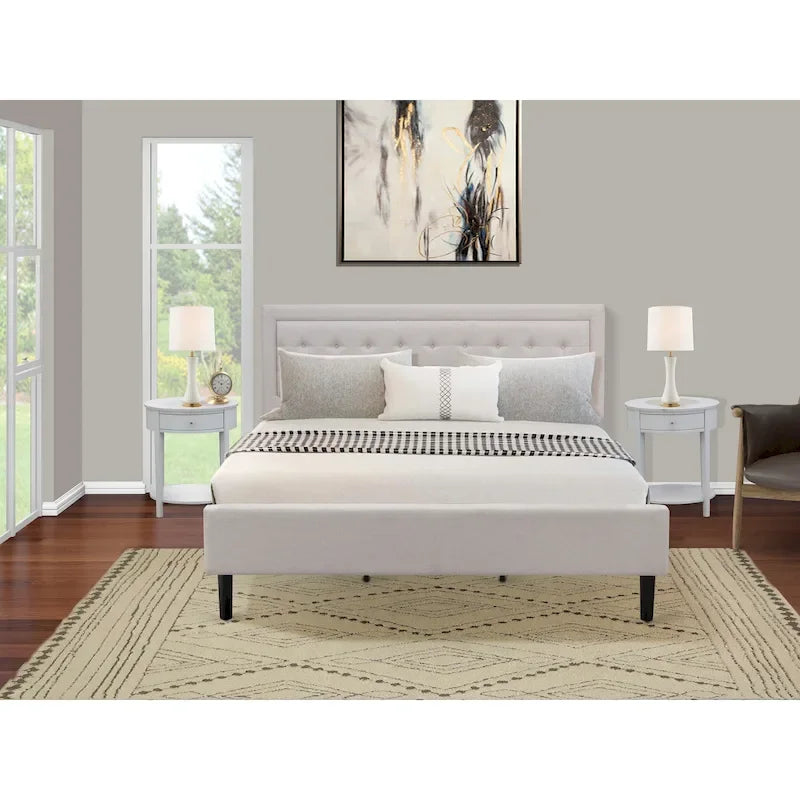 East West Furniture Platform Bed- Denim Linen Fabric Headboard with Button Tufted Trim Design - Black Legs(Size & Finish Option)