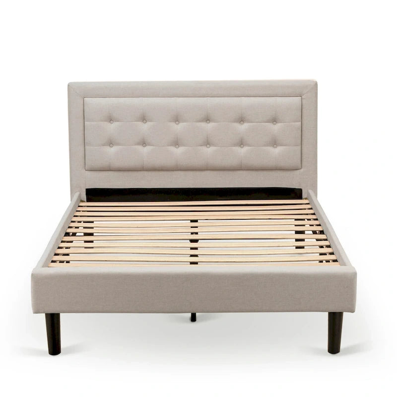 East West Furniture Platform Bed- Denim Linen Fabric Headboard with Button Tufted Trim Design - Black Legs(Size & Finish Option)