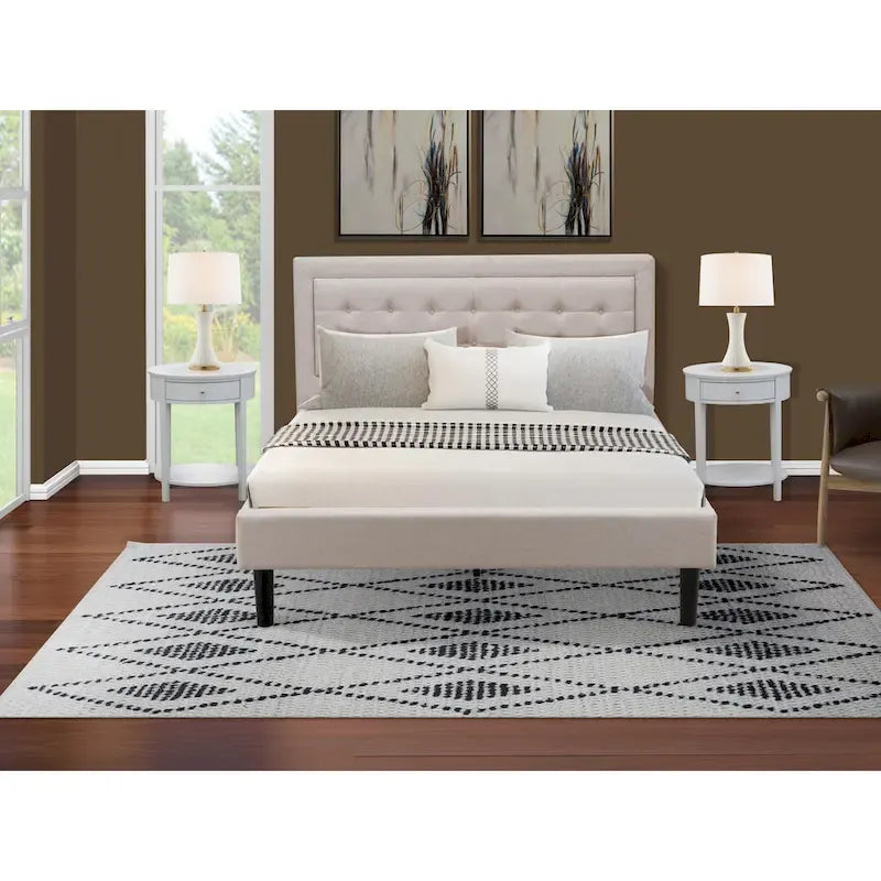 East West Furniture Platform Bed- Denim Linen Fabric Headboard with Button Tufted Trim Design - Black Legs(Size & Finish Option)