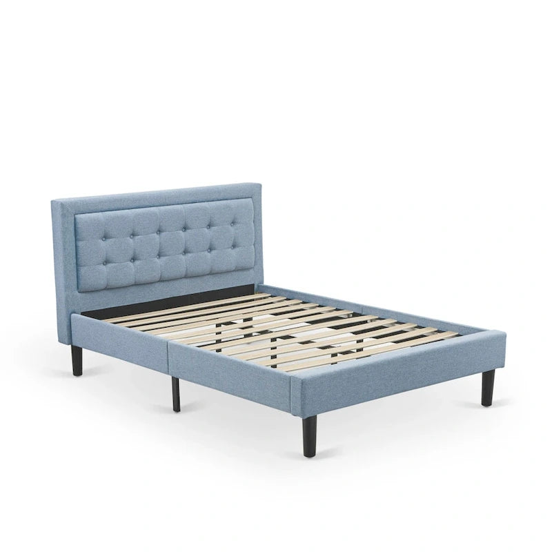 East West Furniture Platform Bed- Denim Linen Fabric Headboard with Button Tufted Trim Design - Black Legs(Size & Finish Option)
