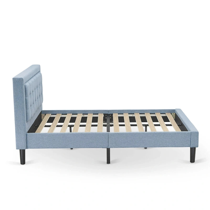 East West Furniture Platform Bed- Denim Linen Fabric Headboard with Button Tufted Trim Design - Black Legs(Size & Finish Option)