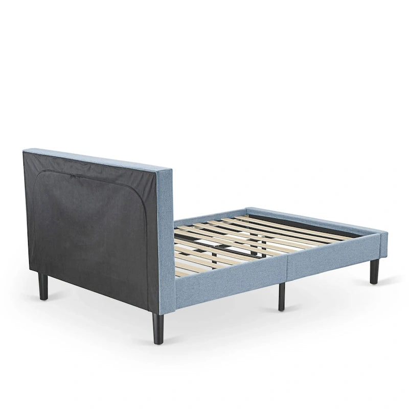 East West Furniture Platform Bed- Denim Linen Fabric Headboard with Button Tufted Trim Design - Black Legs(Size & Finish Option)