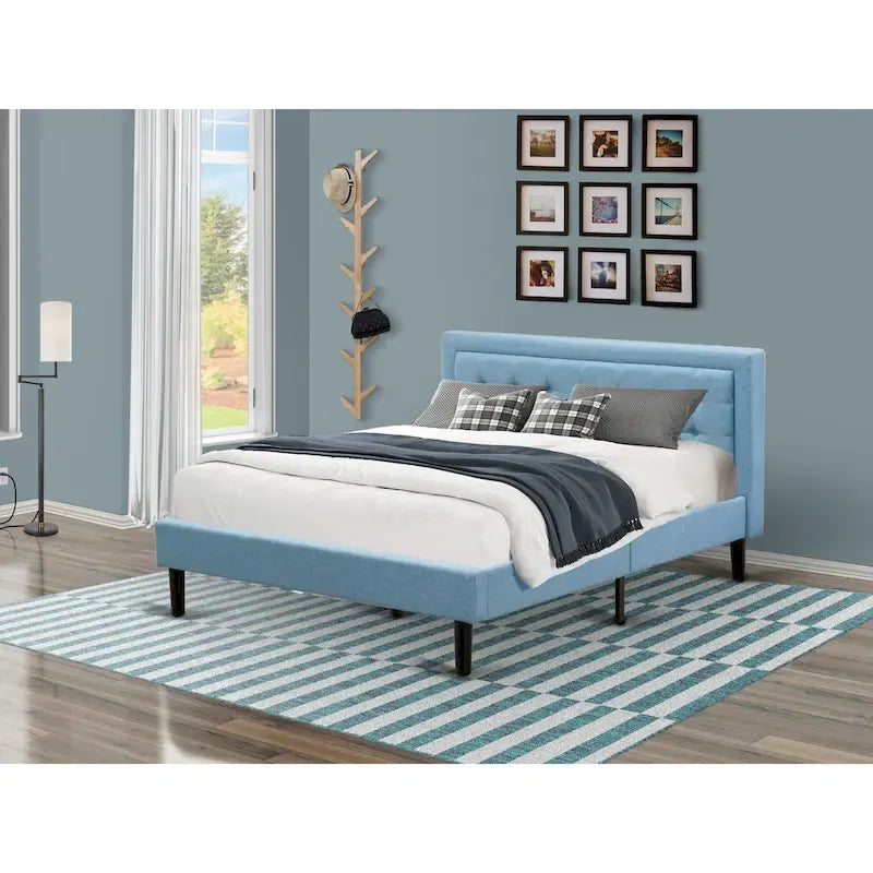 East West Furniture Platform Bed- Denim Linen Fabric Headboard with Button Tufted Trim Design - Black Legs(Size & Finish Option)
