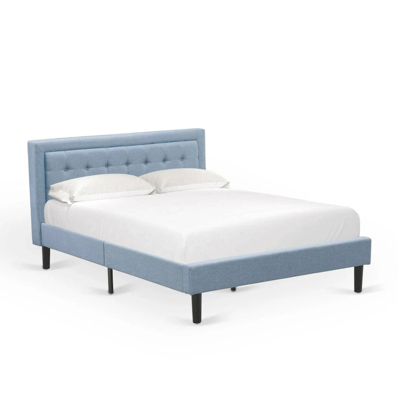 East West Furniture Platform Bed- Denim Linen Fabric Headboard with Button Tufted Trim Design - Black Legs(Size & Finish Option)