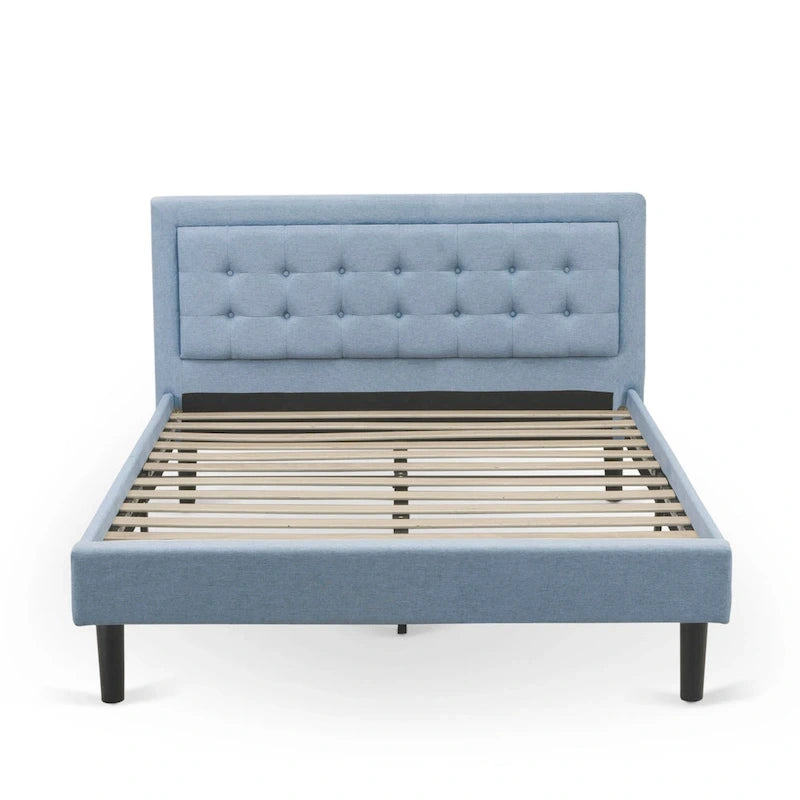 East West Furniture Platform Bed- Denim Linen Fabric Headboard with Button Tufted Trim Design - Black Legs(Size & Finish Option)