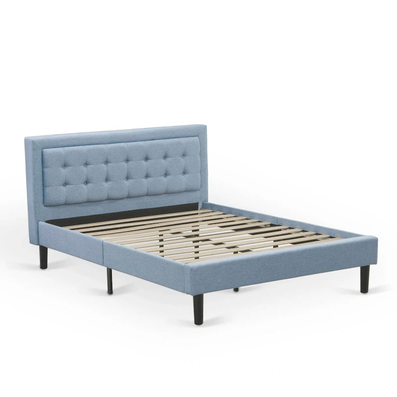 East West Furniture Platform Bed- Denim Linen Fabric Headboard with Button Tufted Trim Design - Black Legs(Size & Finish Option)
