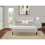 East West Furniture Platform Bed- Denim Linen Fabric Headboard with Button Tufted Trim Design - Black Legs(Size & Finish Option)