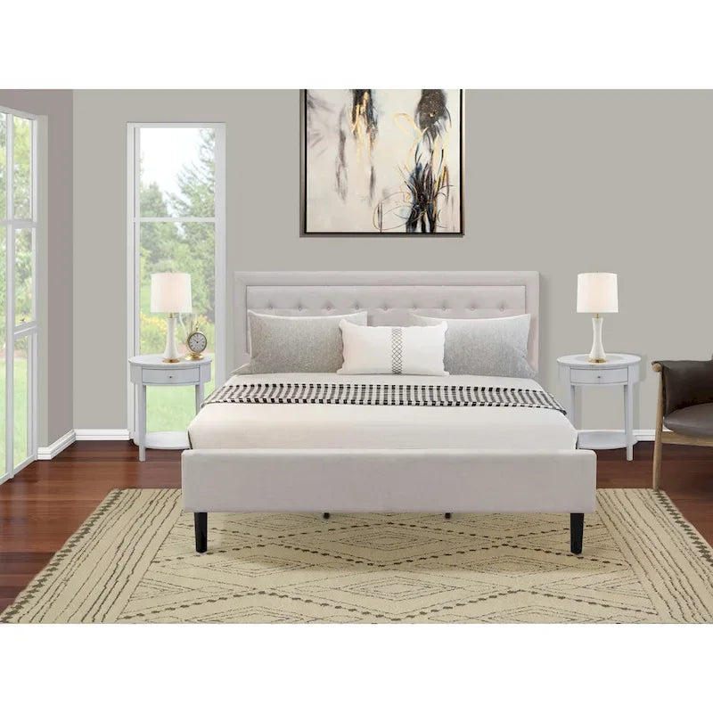 East West Furniture Platform Bed- Denim Linen Fabric Headboard with Button Tufted Trim Design - Black Legs(Size & Finish Option)