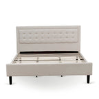 East West Furniture Platform Bed- Denim Linen Fabric Headboard with Button Tufted Trim Design - Black Legs(Size & Finish Option)