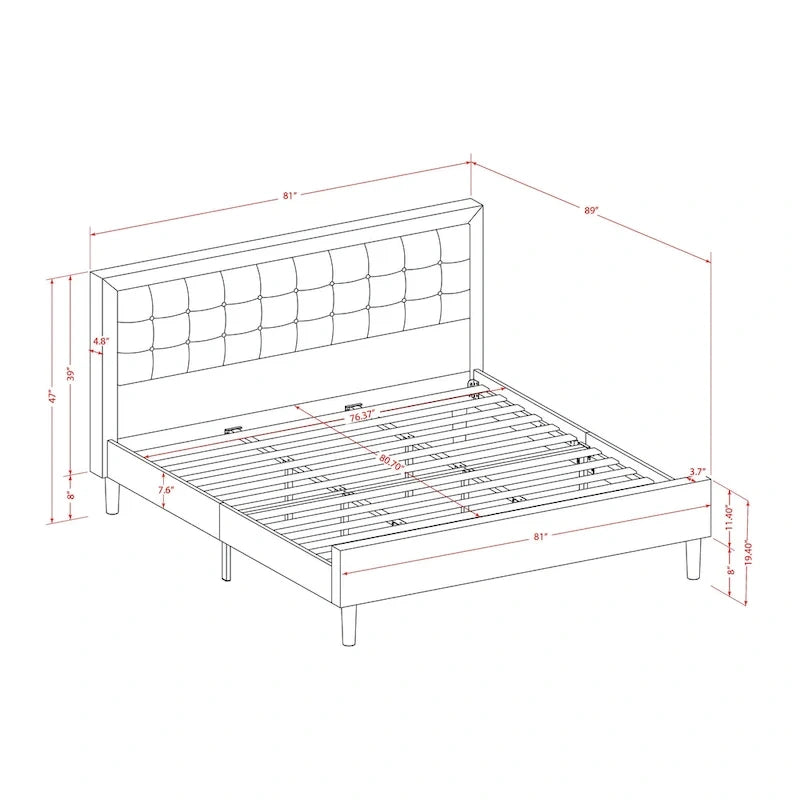 East West Furniture Platform Bed- Denim Linen Fabric Headboard with Button Tufted Trim Design - Black Legs(Size & Finish Option)