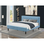 East West Furniture Platform Bed- Denim Linen Fabric Headboard with Button Tufted Trim Design - Black Legs(Size & Finish Option)