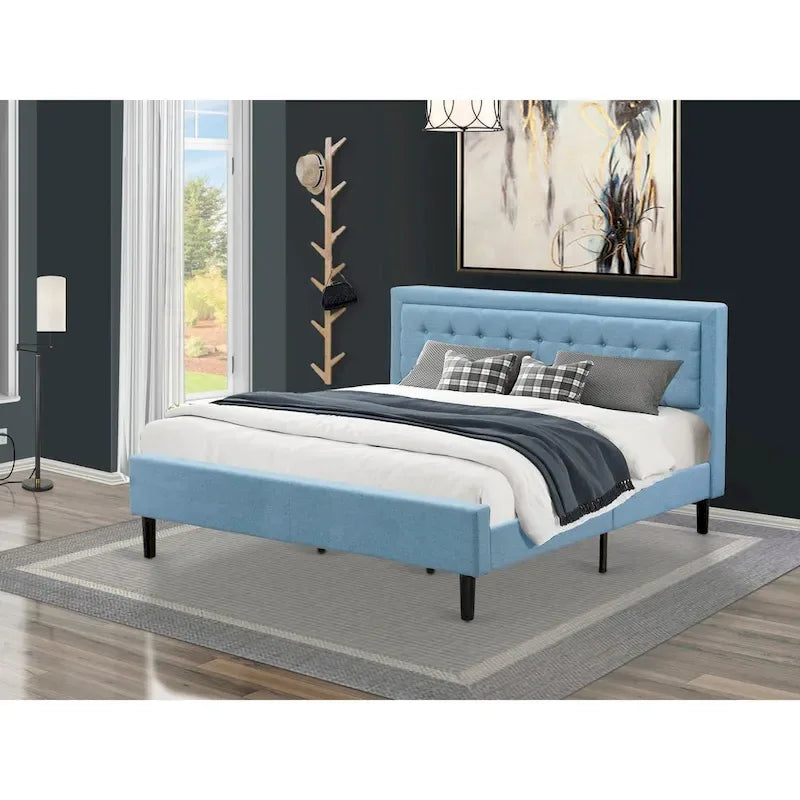 East West Furniture Platform Bed- Denim Linen Fabric Headboard with Button Tufted Trim Design - Black Legs(Size & Finish Option)