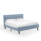 East West Furniture Platform Bed- Denim Linen Fabric Headboard with Button Tufted Trim Design - Black Legs(Size & Finish Option)