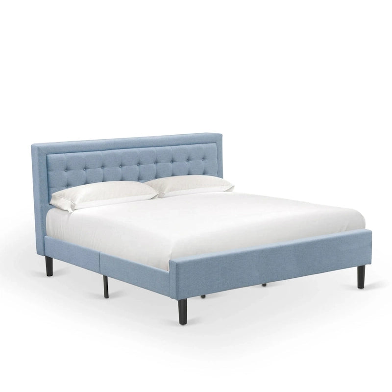 East West Furniture Platform Bed- Denim Linen Fabric Headboard with Button Tufted Trim Design - Black Legs(Size & Finish Option)