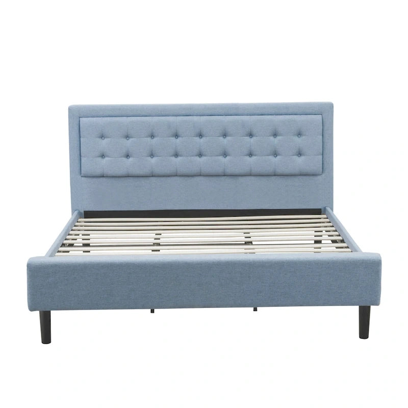 East West Furniture Platform Bed- Denim Linen Fabric Headboard with Button Tufted Trim Design - Black Legs(Size & Finish Option)