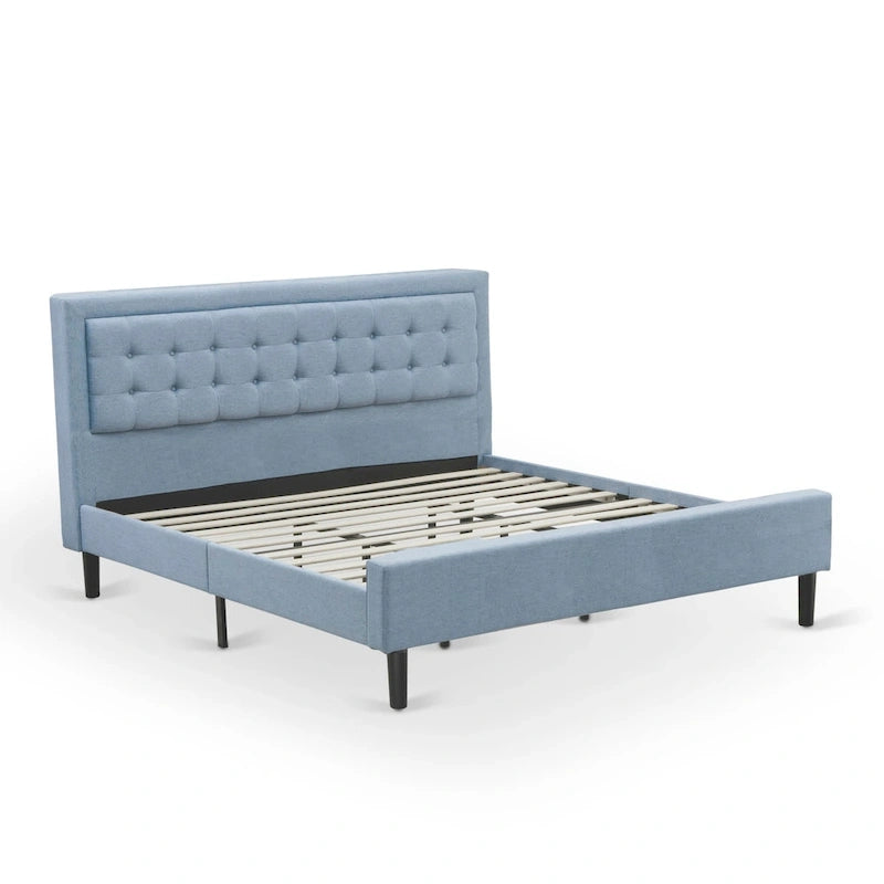 East West Furniture Platform Bed- Denim Linen Fabric Headboard with Button Tufted Trim Design - Black Legs(Size & Finish Option)