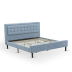 East West Furniture Platform Bed- Denim Linen Fabric Headboard with Button Tufted Trim Design - Black Legs(Size & Finish Option)
