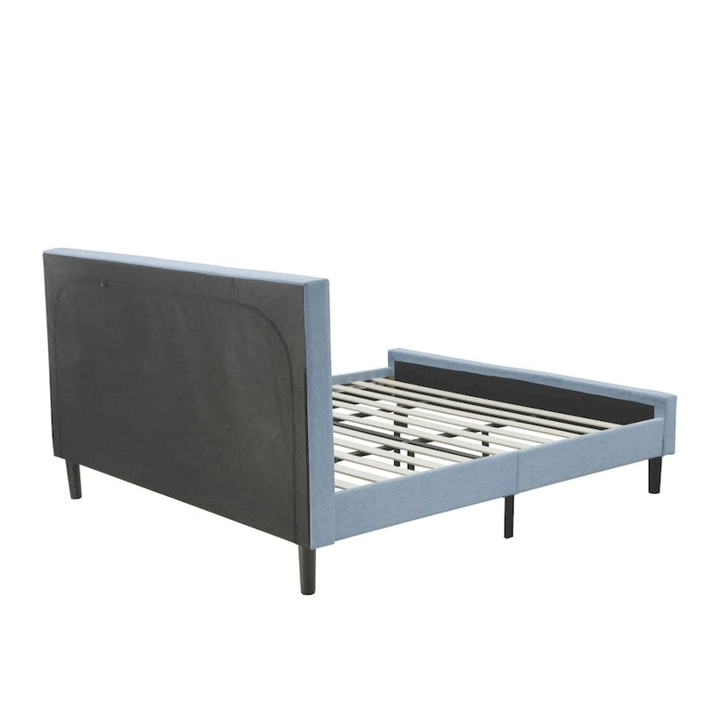 East West Furniture Platform Bed- Denim Linen Fabric Headboard with Button Tufted Trim Design - Black Legs(Size & Finish Option)