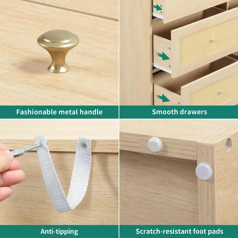 Moasis 6-Drawer Rattan Storage Chest of Drawers Cabinet Dresser