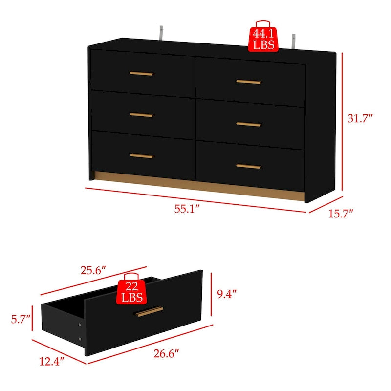 55.1 Modern 6-Drawer Bedroom Dresser Glossy Finish Chest Of Drawers