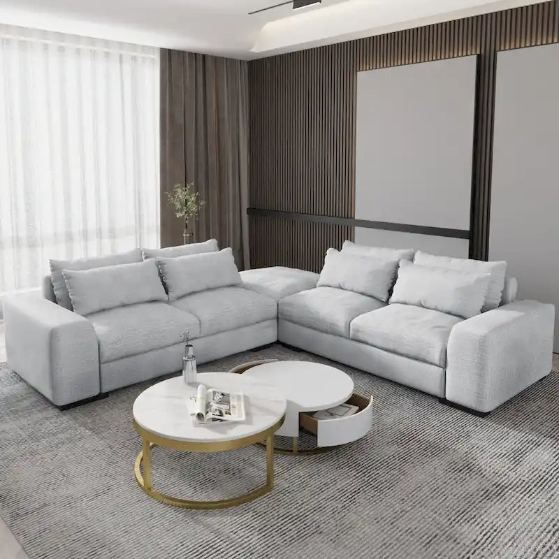 Light Grey Linen Feather Filled L-shaped Reversible Sectional Sofa