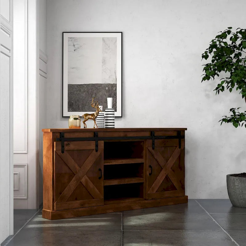 Bridgevine Home Farmhouse 66 inch Corner TV Stand for TVs up to 80 inches, No Assembly Required, Aged Whiskey Finish