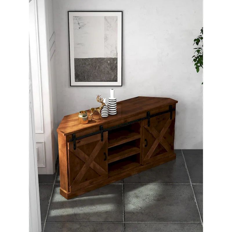 Bridgevine Home Farmhouse 66 inch Corner TV Stand for TVs up to 80 inches, No Assembly Required, Aged Whiskey Finish