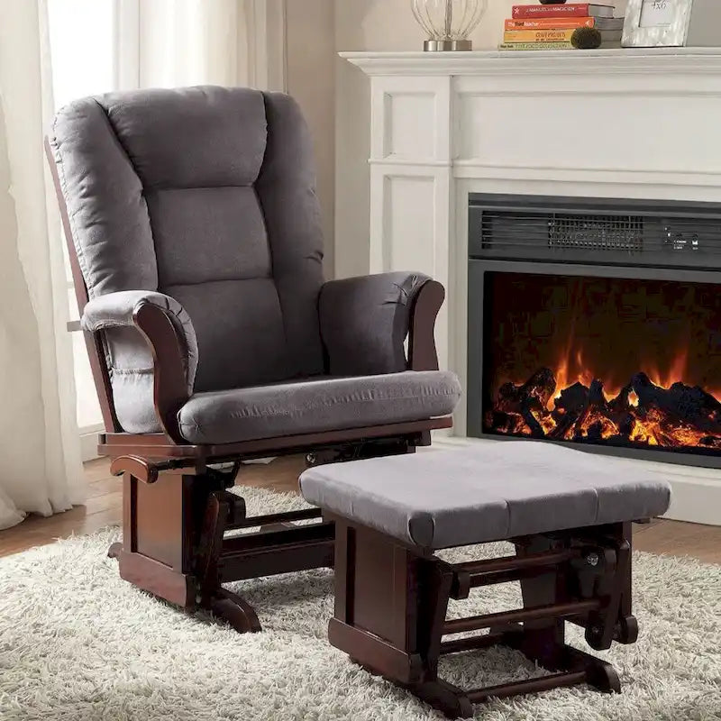 Gray Microfiber Glider Chair and Ottoman in Cherry Finish