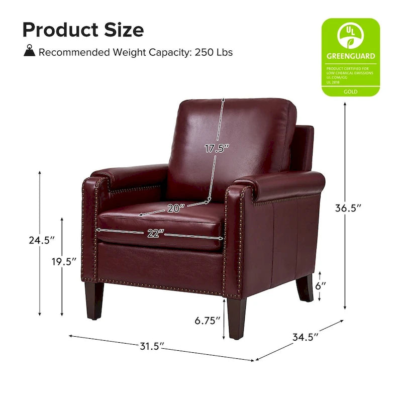 Kunz Transitional Genuine Leather Armchair with Removable Cushion and Nailhead Trims by HULALA HOME