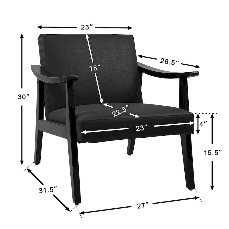 Faux Leather Accent Chair Solid Wood Armchair in Black Finish