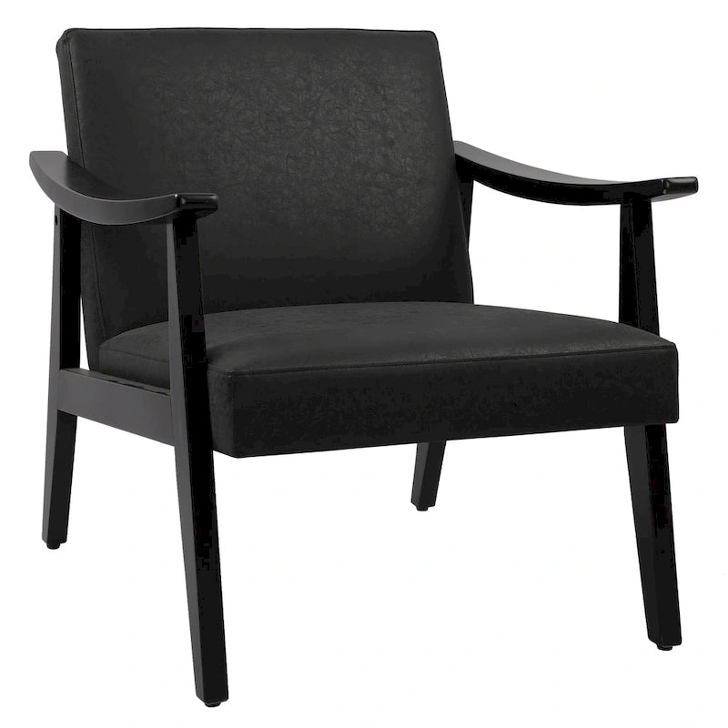 Faux Leather Accent Chair Solid Wood Armchair in Black Finish
