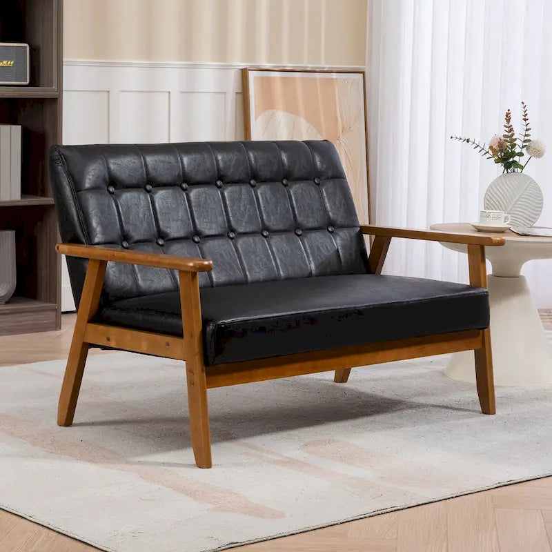HOMEFUN Mid-Century Linen/PU Upholstered Wood Frame Tufted Loveseat Sofa