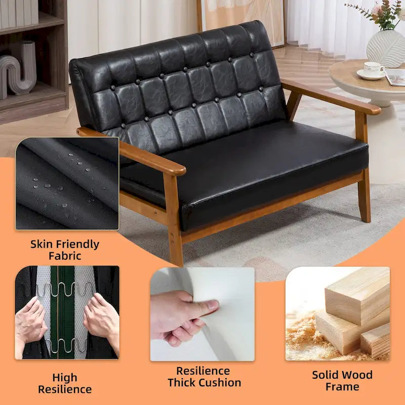 HOMEFUN Mid-Century Linen/PU Upholstered Wood Frame Tufted Loveseat Sofa