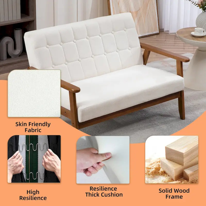 HOMEFUN Mid-Century Linen/PU Upholstered Wood Frame Tufted Loveseat Sofa
