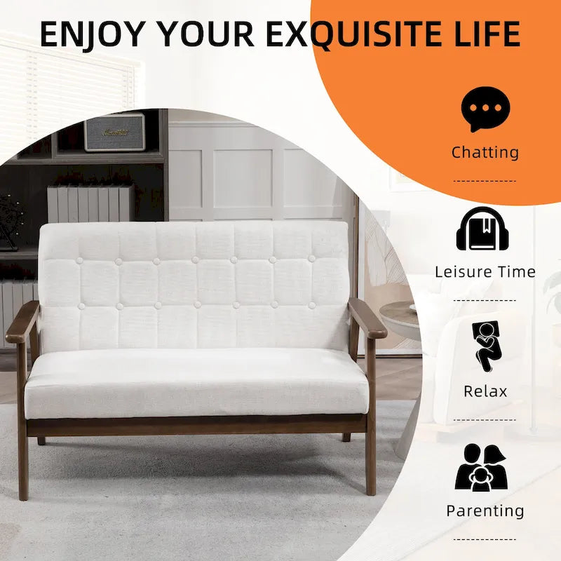 HOMEFUN Mid-Century Linen/PU Upholstered Wood Frame Tufted Loveseat Sofa