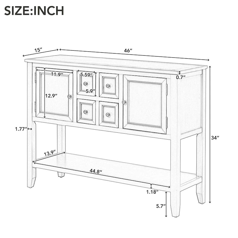 Vintage Console Table with 4 Drawers and Bottom Shelf