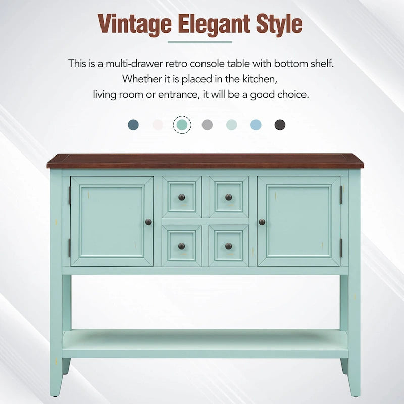 Vintage Console Table with 4 Drawers and Bottom Shelf