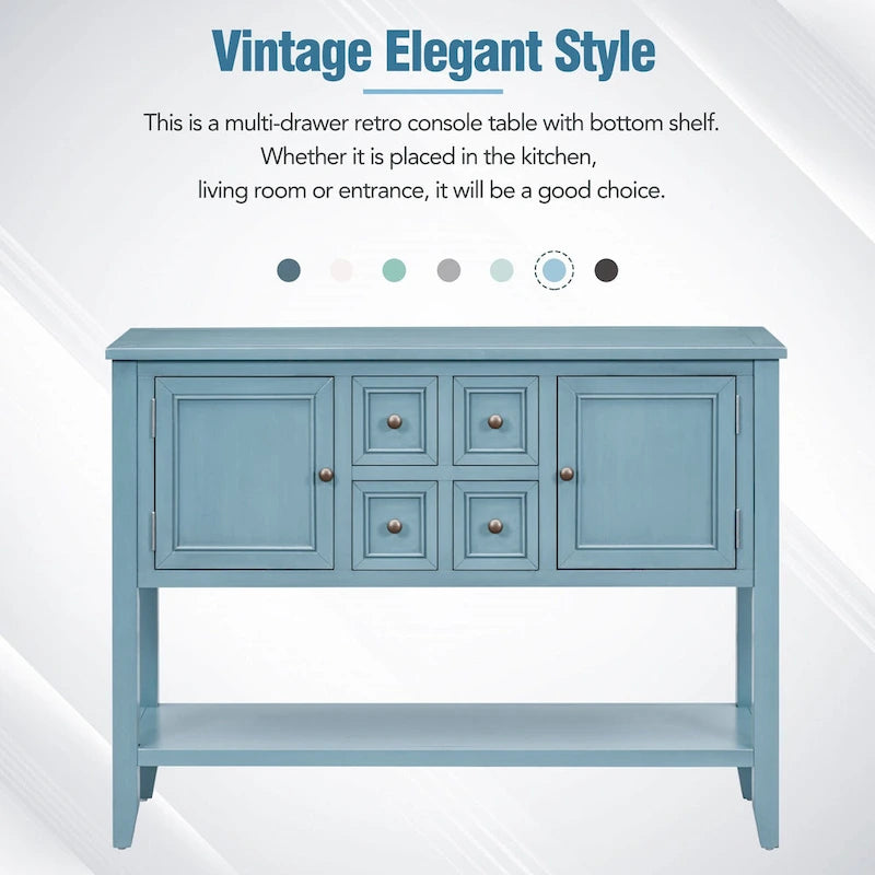 Vintage Console Table with 4 Drawers and Bottom Shelf