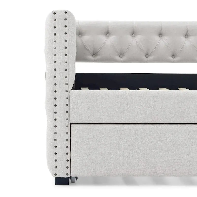 Full Daybed with Trundle Upholstered Tufted Sofa Bed, with Button and Copper Nail on Square Arms