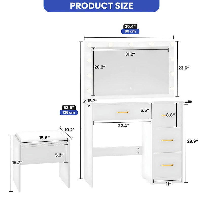 Moasis 35.4 Mirror Makeup Vanity Table with Stool and Light Bulb - 35.4L x 15.7W x 53.5H