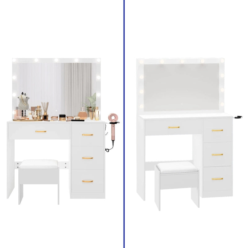 Moasis 35.4 Mirror Makeup Vanity Table with Stool and Light Bulb - 35.4L x 15.7W x 53.5H
