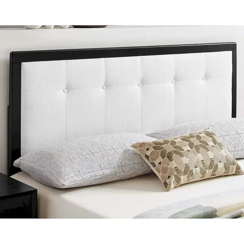 Marlin Traditional White Fabric Button Tufted Queen Size Black Wooden Headboard
