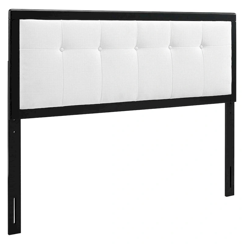 Marlin Traditional White Fabric Button Tufted Queen Size Black Wooden Headboard
