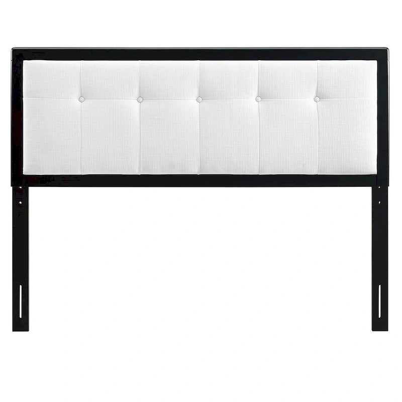 Marlin Traditional White Fabric Button Tufted Queen Size Black Wooden Headboard