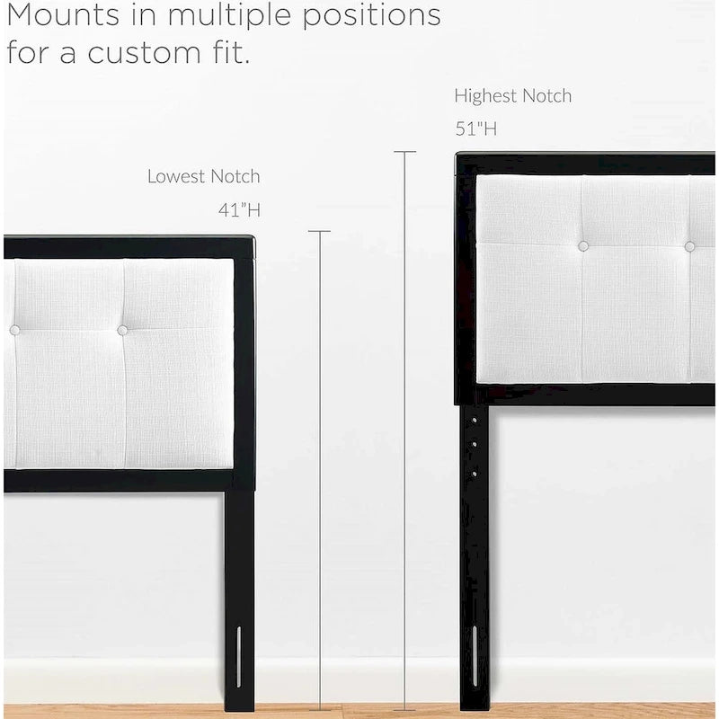 Marlin Traditional White Fabric Button Tufted Queen Size Black Wooden Headboard