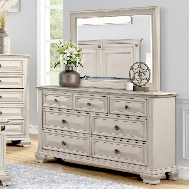 Roundhill Furniture Renova Distressed Parchment Wood Bedroom Set, Panel Bed, Dresser, Mirror, Nightstand