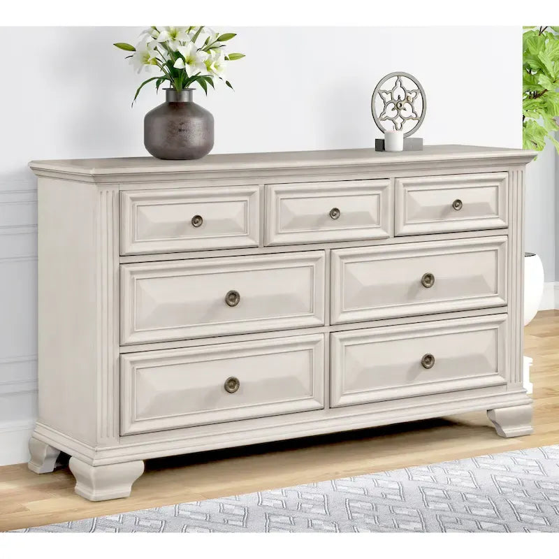 Roundhill Furniture Renova Distressed Parchment Wood Bedroom Set, Panel Bed, Dresser, Mirror, Nightstand