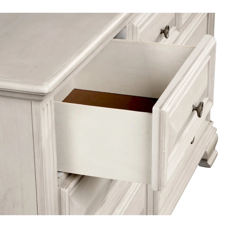 Roundhill Furniture Renova Distressed Parchment Wood Bedroom Set, Panel Bed, Dresser, Mirror, Nightstand